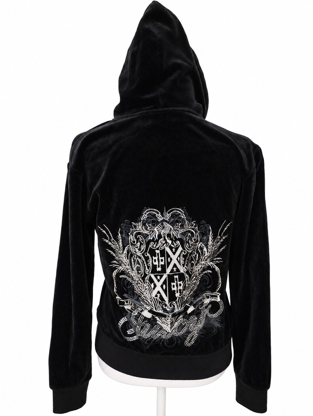 Juicy Couture Black Velour Full Zip Hoodie Front Back Print Jr. XL 34-36" Bling